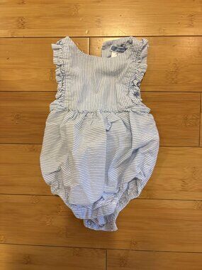 Jacadi Blue & White Seersucker Bubble Romper | 3M